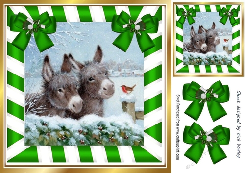 Cute Donkeys with robin in snow scene with green bows 8x8