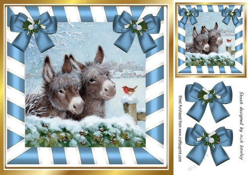 Cute Donkeys with robin in snow scene with blue bows 8x8