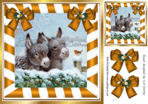 Cute Donkeys with robin in snow scene with gold bows 8x8
