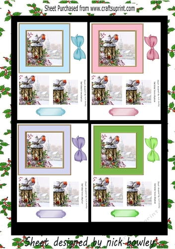  4 Pretty robins on a lantern in a 6x6 snow scene card fronts mini kit