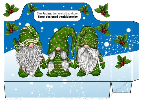 Pretty tote  bag  with gnomes in green with holly  in a snow scene
