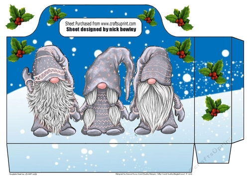 Pretty tote  bag  with gnomes in silver with holly  in a snow scene