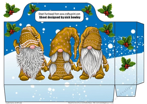 Pretty tote  bag  with gnomes in gold with holly  in a snow scene