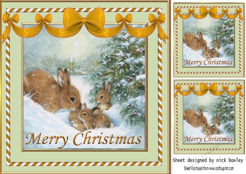Cute Bunnies in the snow 8x8 with gold bows
