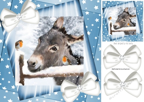 Cute Donkey with robin  and white bows/blue stars 8x8