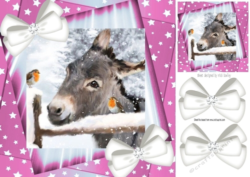 Cute Donkey with robin  and white bows/pink stars 8x8