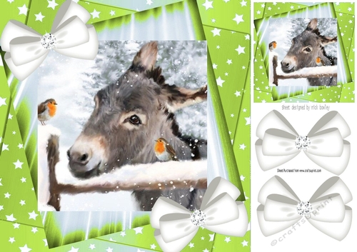 Cute Donkey with robin  and white bows/green stars 8x8