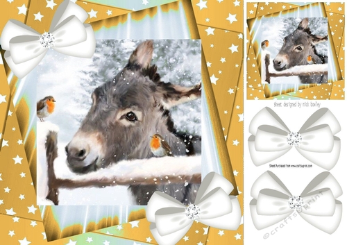 Cute Donkey with robin  and white bows/gold stars 8x8