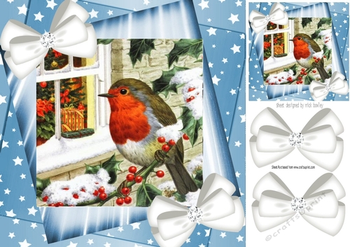 Cute robin with window on a branch  and white bows with blue stars 8x8