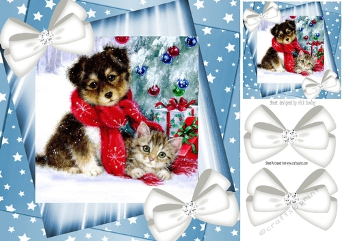 Cute puppy and kitten with white bows and blue stars 8x8
