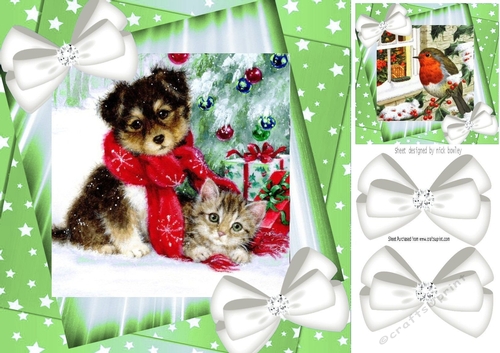 Cute puppy and kitten with white bows and green stars 8x8