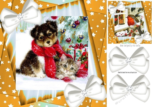 Cute puppy and kitten with white bows and gold stars 8x8