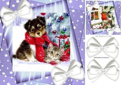 Cute puppy and kitten with white bows and purple stars 8x8