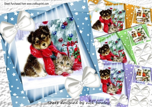  4 Cute puppies and kittens with white bows and stars 8x8 c/fronts mini kit