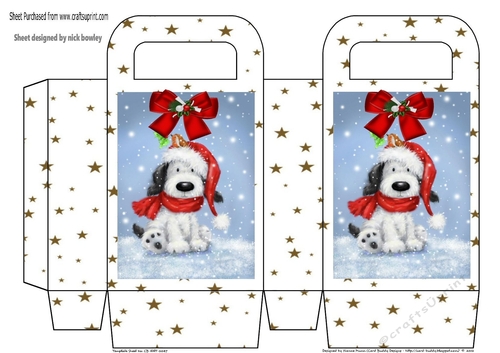Cute puppy with red bows, and gold star gift bag