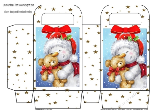 Cute snowman and teddy with red bows, and gold star gift bag