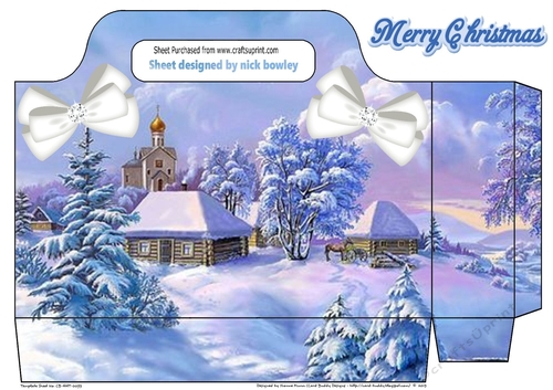 Pretty tote bag with a cottage snow scene with bows