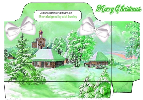 Pretty tote bag with a cottage snow scene with bows (green)