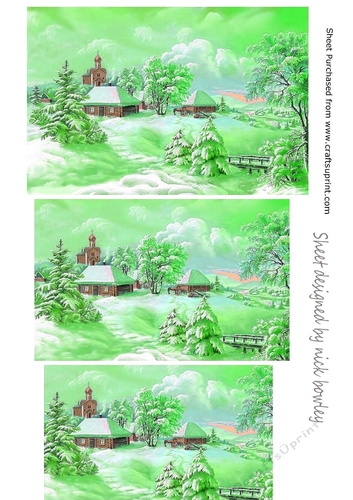 pretty  snowscene with cottage pyramids (green)