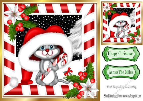 Cute mouse in santa hat with red berries and flowers 8x8