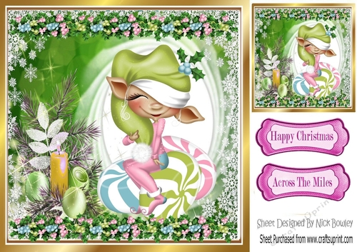 Pretty smiling elf sitting on candy 8x8
