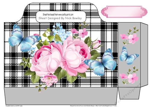 Pretty pink roses and blue butterflies on black check tote bag