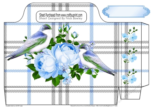 blue roses, blue gingham and pretty birds tote gift bag