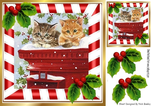 Cute kittens in red/stripe with holly 8x8 frame