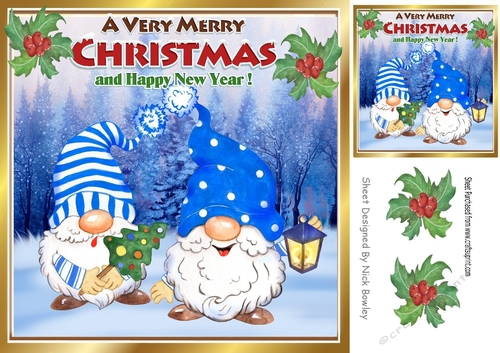 Cute gnomes in blue in snow scene with holly 8x8