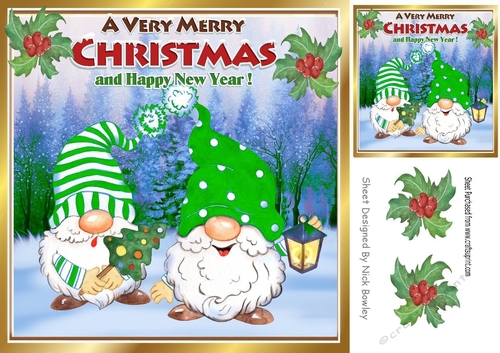 Cute gnomes in green in snow scene with holly 8x8