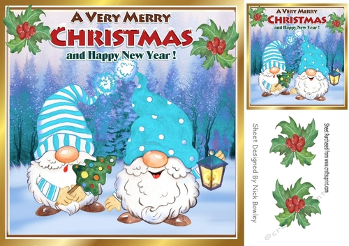 Cute gnomes in turq in snow scene with holly 8x8