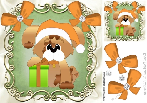 puppy with present and gold bows 8x8