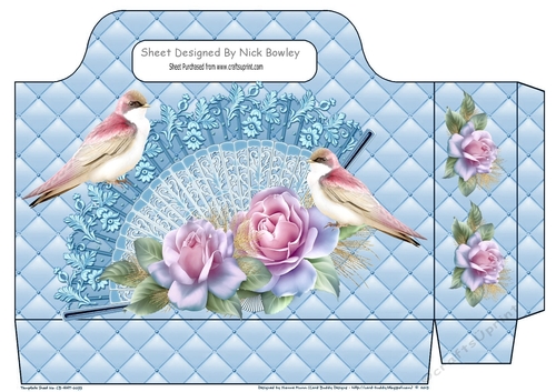 blue quilted tote gift bag with lace fan roses and birds