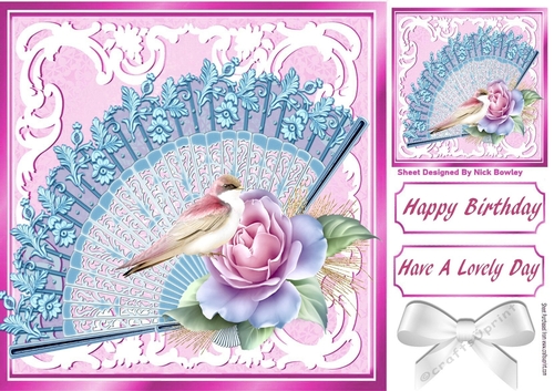 Pretty lace fan with bird and pink roses 8x8