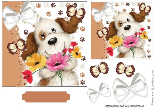 cute puppy  with flowers butterflies with bows 7x7