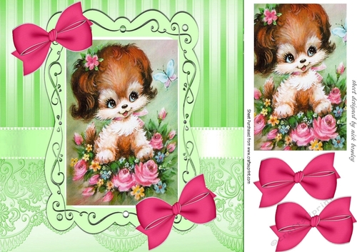 sweet puppy with pink bows in ornate frame  8x8
