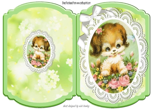 puppy with flowers and butterfly on lace bracket card