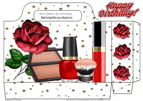 Pretty ladies tote gift bag with red rose, stars, and makeup