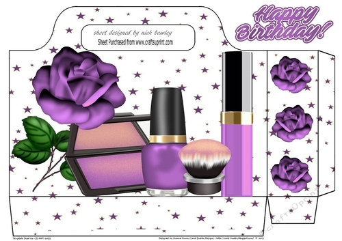 Pretty ladies tote gift bag with purple rose, stars, and makeup