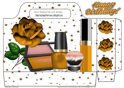 Pretty ladies tote gift bag with gold rose, stars, and makeup