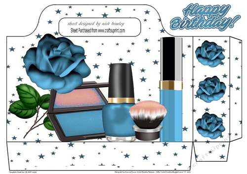 Pretty ladies tote gift bag with blue rose, stars, and makeup