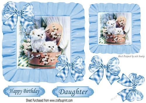 Cute kittens in blue frill frame with gingham bows 7x7