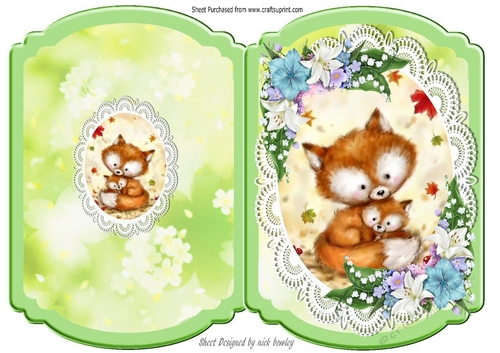 Lovely foxes on lace with flowers bracket card