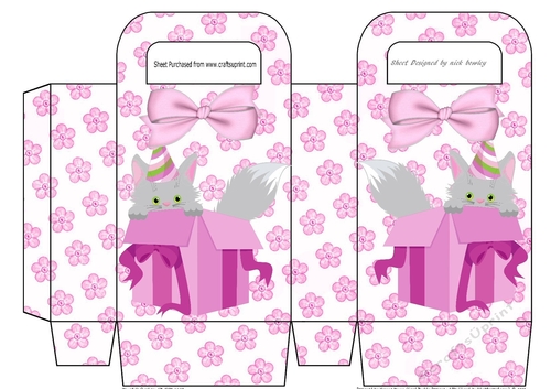 Cute grey kittie in party hat with bow gift box/bag