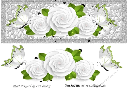Pretty white roses with green butterflies large DL