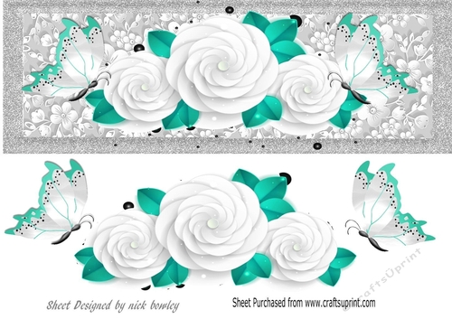Pretty white roses with turq butterflies large DL