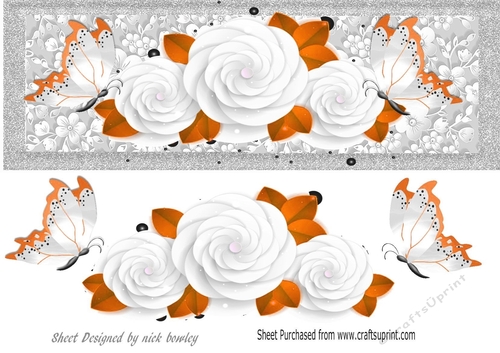 Pretty white roses with orange butterflies large DL