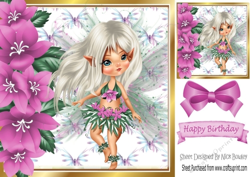 Sweet faerie with pink bow , butterflies and flowers 8x8