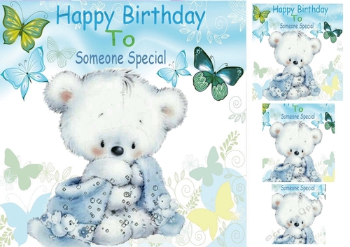 Cute little teddy with a blue blanket and butterflies 8x8