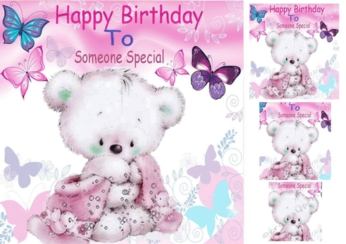 Cute little teddy with a pink blanket and butterflies 8x8